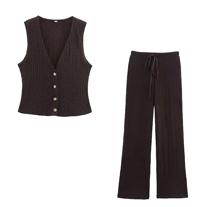 Ensemble 2PCS Texturé Veston Sans Manche à Bouton & Pantalon Élastique