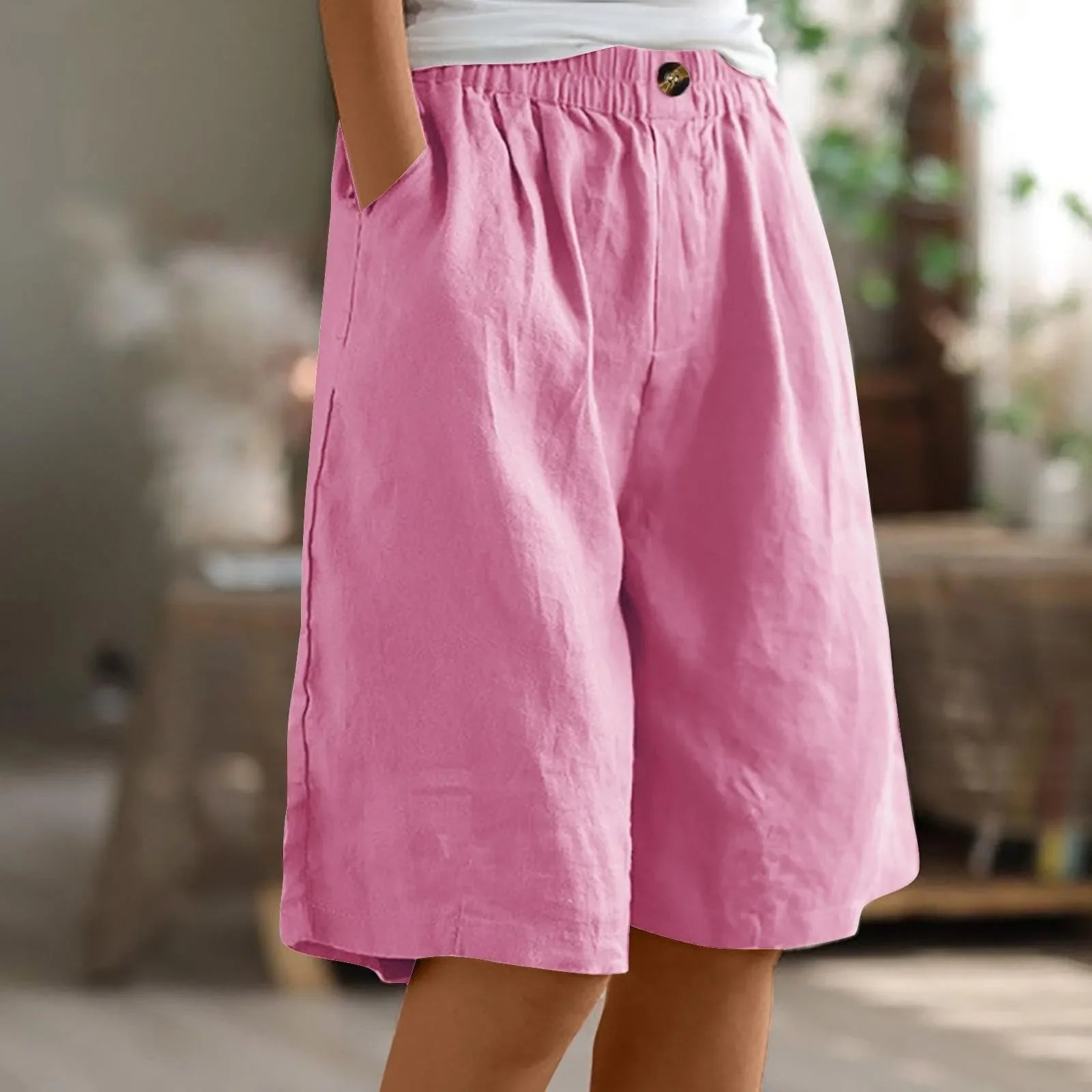 Short Long Femme Coton & Lin Taille Élastique