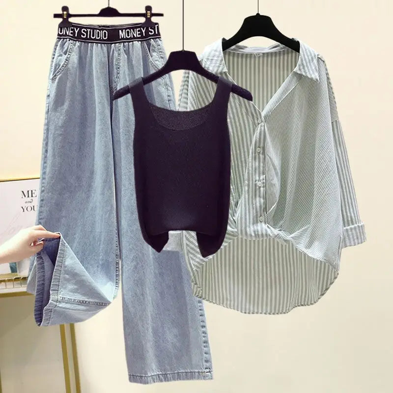 Ensemble 3PCS - Débardeur, Chemise à Rayures & Pantalon Ample