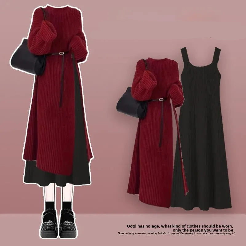 Robe Pull 2 en 1 en Tricot Casual & Chaud - Ensemble 2PCS