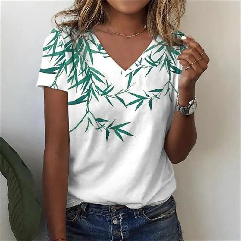 T-shirt Décontracté à Col V Imprimé Fleur pour Femmes - 3762FR
