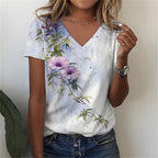 T-shirt Décontracté à Col V Imprimé Fleur pour Femmes - 3762FR