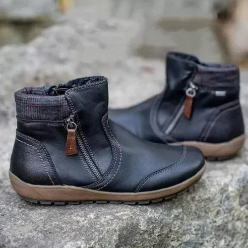 Bottines en Cuir PU & Motif Carreaux à Fermeture Éclair