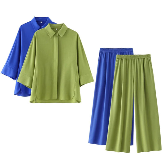 Ensemble Chemise Manches 3/4 et Pantalon Fluide à Taille Élastique 2 Coloris - 57913FR