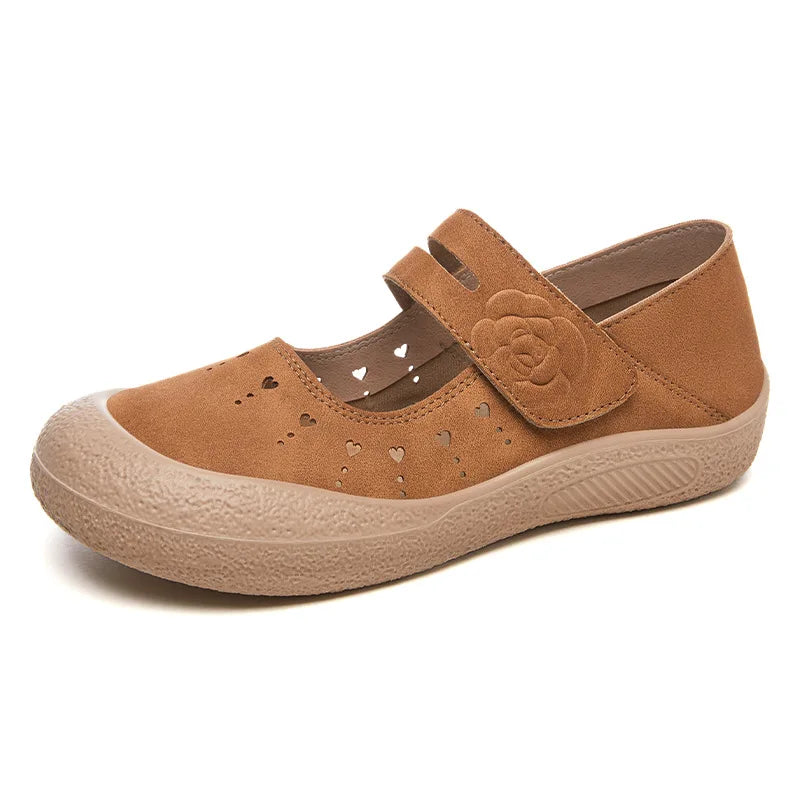 Ballerines en Daim à Bride Velcro Ajourées à Coeur