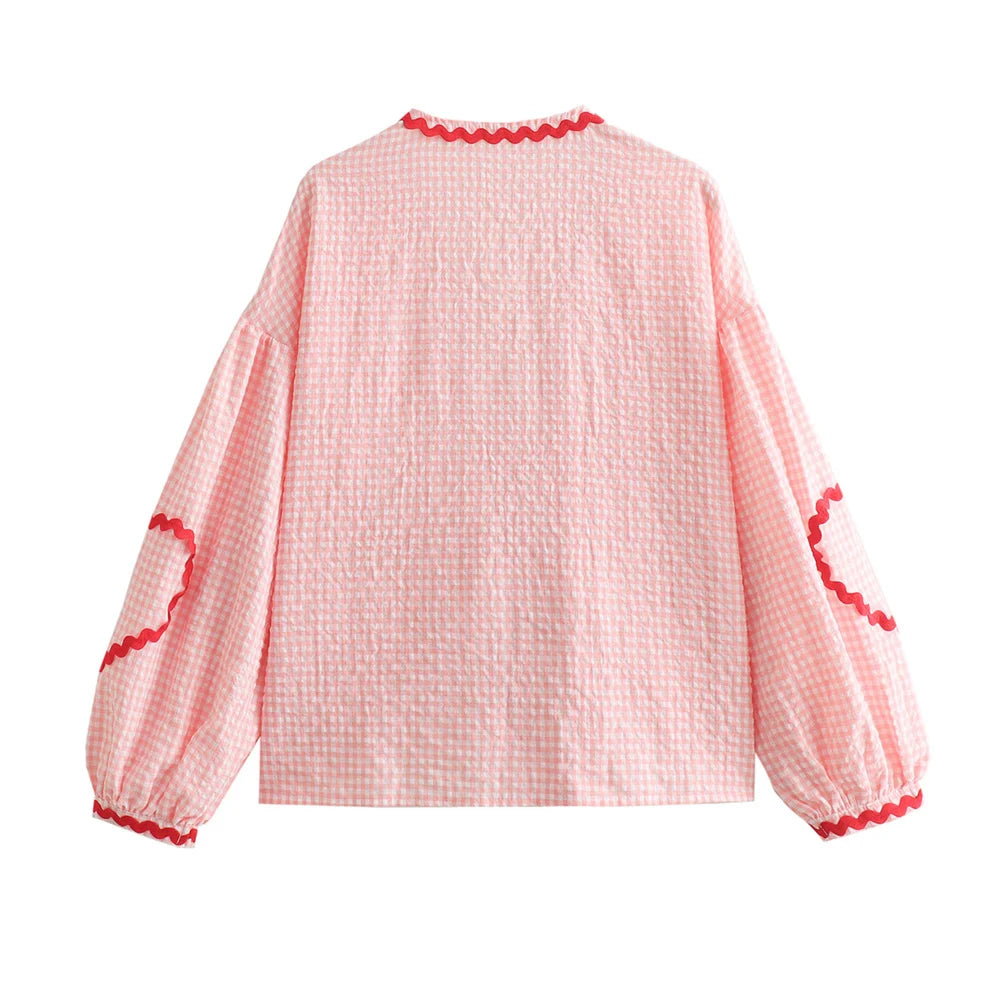 Intims - Chemisier à Carreaux Poches en Coeur à Manches Bouffantes pour Femme - 34567FR
