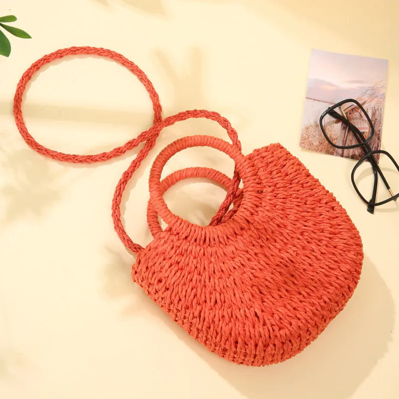 Mini Panier en Osier à Bandoulière Amovible & Fermeture Cordon