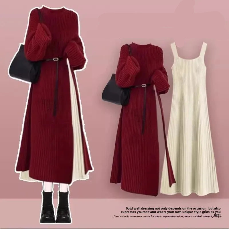 Robe Pull 2 en 1 en Tricot Casual & Chaud - Ensemble 2PCS