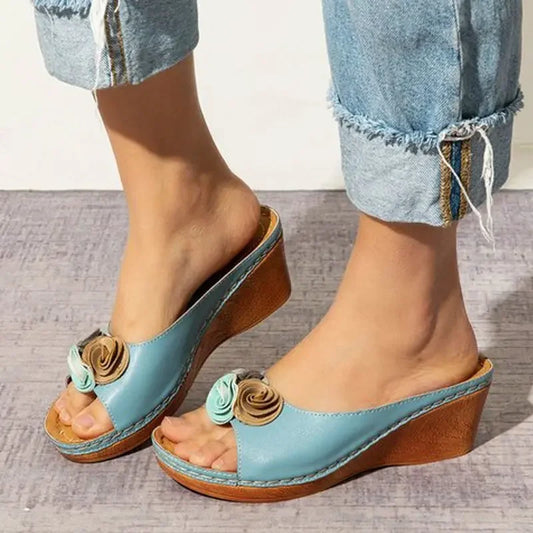 Mules Compensées à Fleurs en Cuir PU