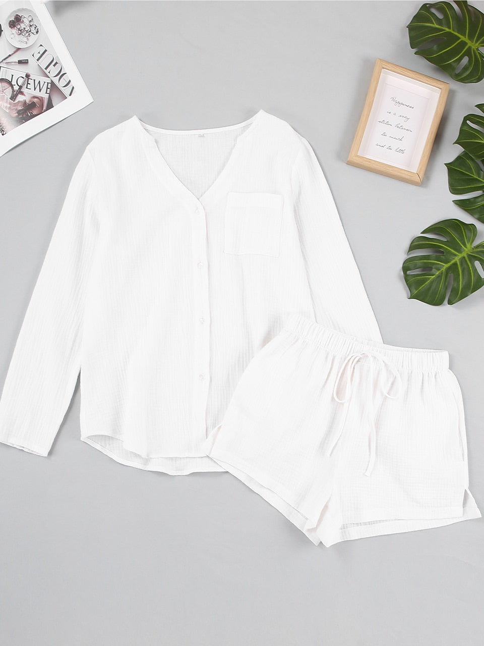 Intims - Pyjama Chemise & Short en Gaze de Coton Blanc