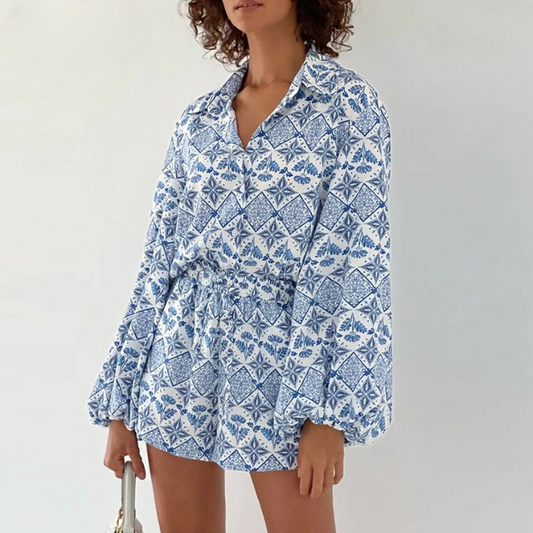 Ensemble 2PCS Chemise & Short Bleu Blanc imprimé